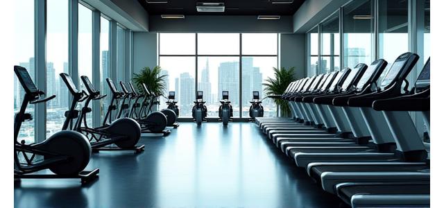 Cardio area with rows of treadmills and ellipticals facing windows
