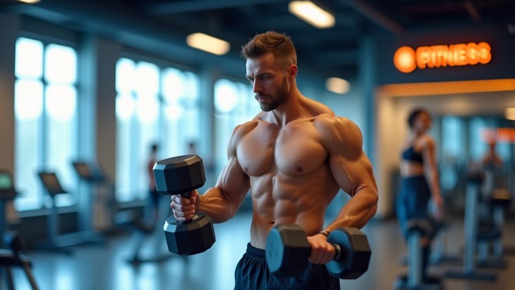 Person lifting weights in a modern gym with natural light